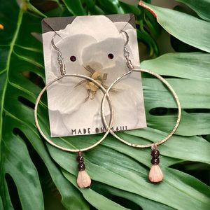 Mother of Pearl Pikake Carved Jasmine & Hematite Sterling Silver Handmade Hoops